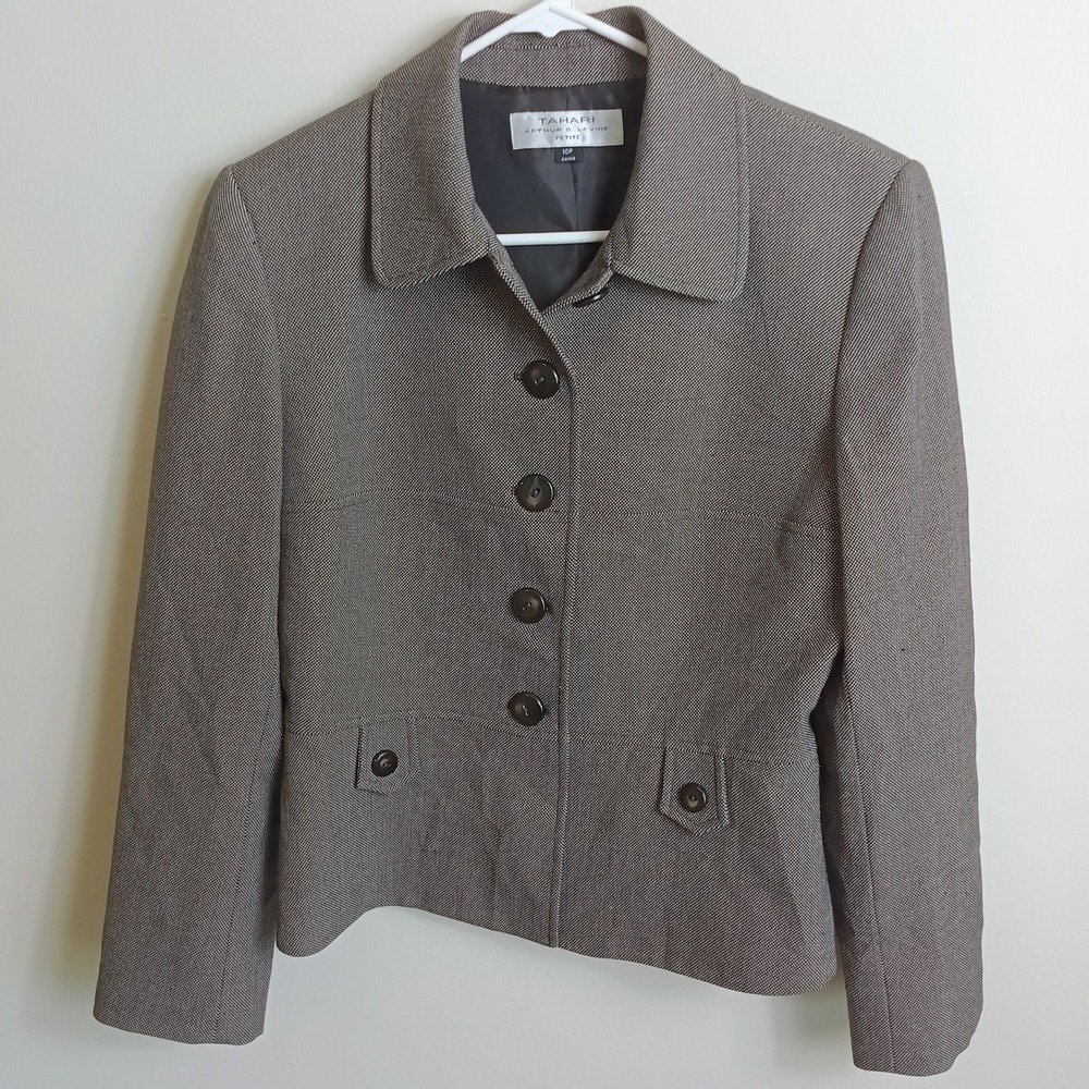Tahari Blazer Women 10P Brown Micro Pattern Excellent Button Front Professional